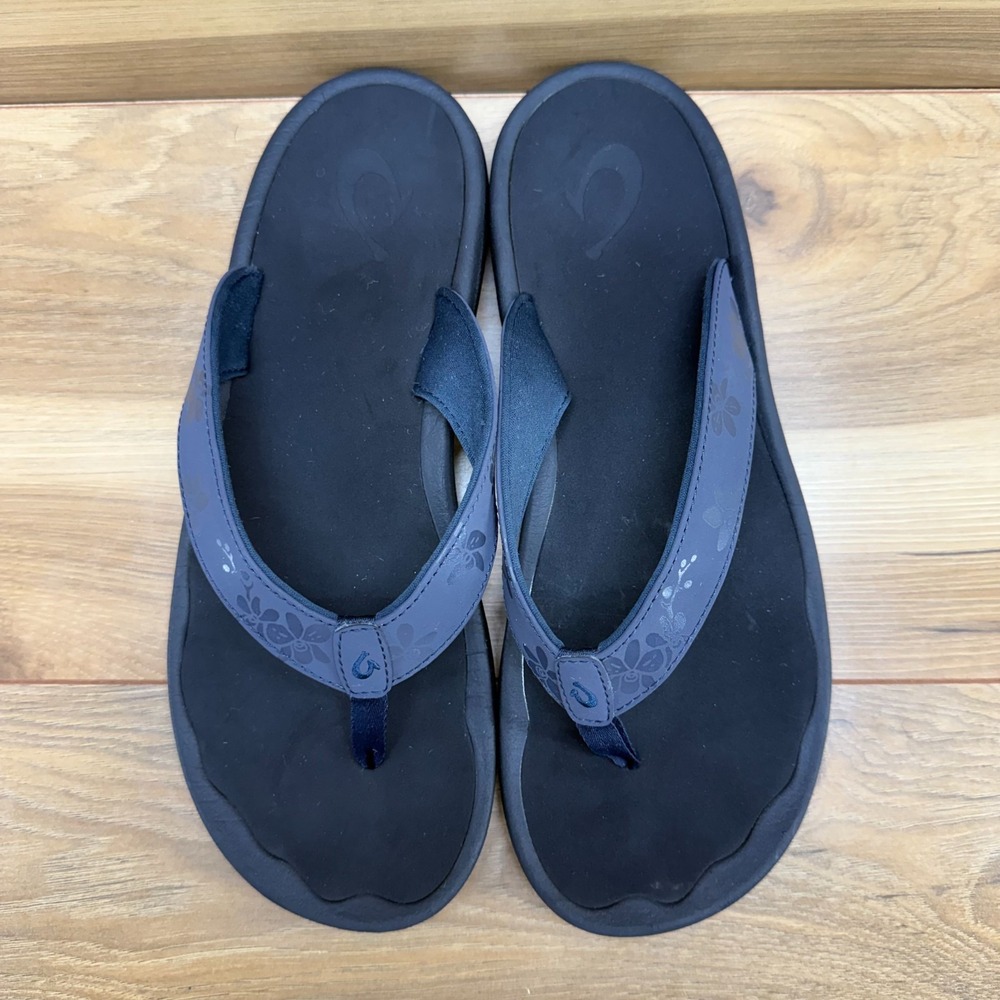 Olukai Ohana Flip Flops Womens 10 Blue Floral Thong Sandals Travel Casual - Picture 2 of 10